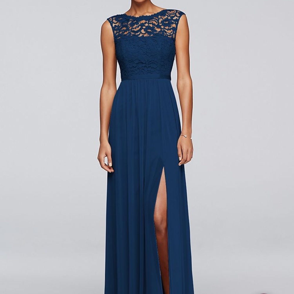 Full Length Bridesmaid Dress with Lace Bodice